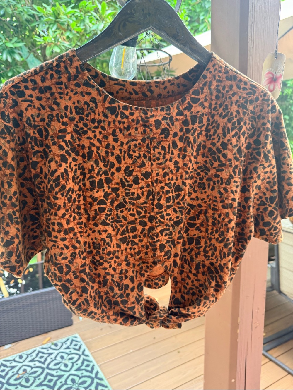 Necessary Objects Orange and Black Leopard Tie-Front Crop Top